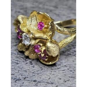 Designer J Rossi 18K Gold Floral Ring Diamond & Pink Topaz